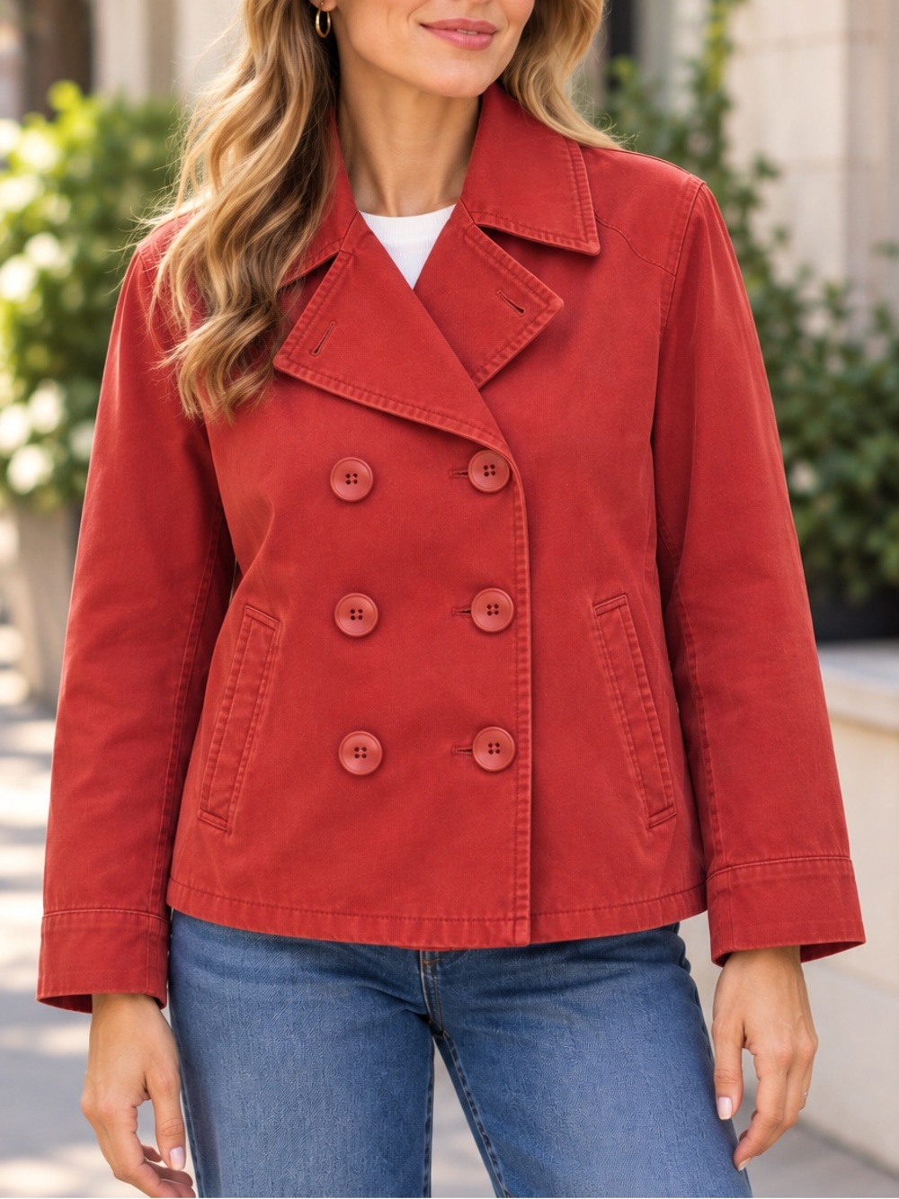 Jones New York Sport Women’s Magenta Cotton Double Breasted Peacoat Jacket Large